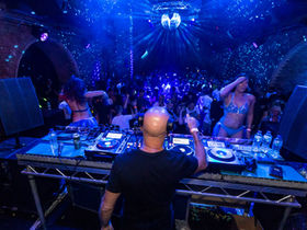 British DJ and producer Graham Gold performing at a Peach event in London event, colour image.