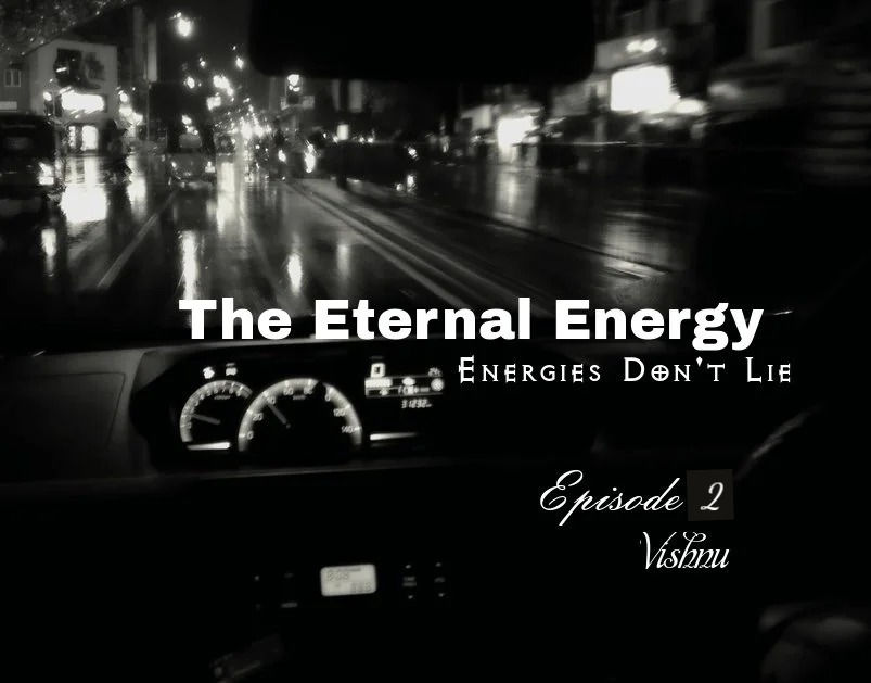 The Eternal Energy hosted by Vishno Logo in the front of a car looking out of the windscreen.