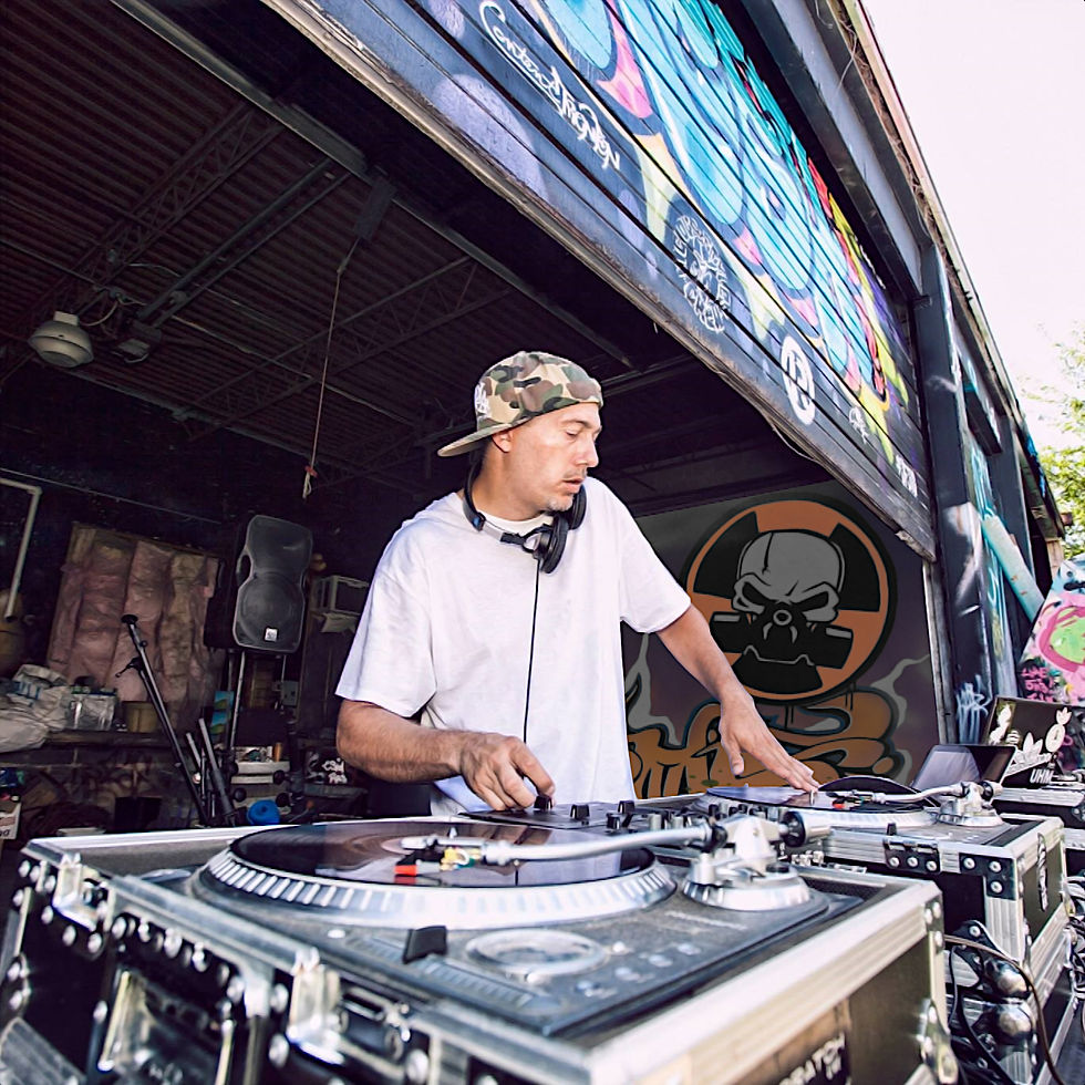 American DJ and producer DJ JS-1 of the Rock steady Crew performing at the New Jersey Jam, colour image.