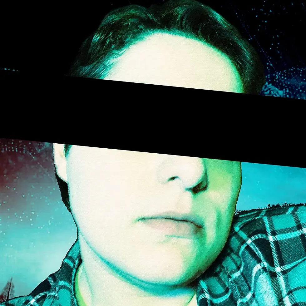 American DJ and Producer Rah looking at camera with a banner covering her eyes, colour image..