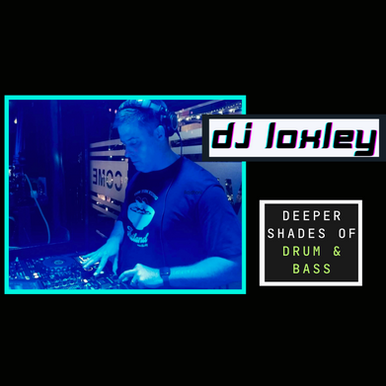 British Drum and Bass DJ Loxley is captured performing at a venue, dressed in a black T-shirt and Sennheiser headphones, in a photo taken from his left side. The image features his name and the phrase "Deeper Shades Drum and Bass" against a black background in a vibrant color shot.