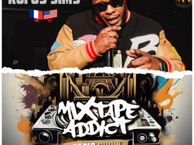 At the top of the image, American rapper Rufus Sims faces forward with his head slightly bowed, rocking sunglasses and a baseball jacket with leather sleeves. His right hand is raised to his chin, while his left points toward the camera. Below, DJ King Flows’ logo sits alongside the Mixtape Addict and sponsor logos, all set against a torn paper-style backdrop. The whole scene bursts with vibrant colors and dynamic energy.
