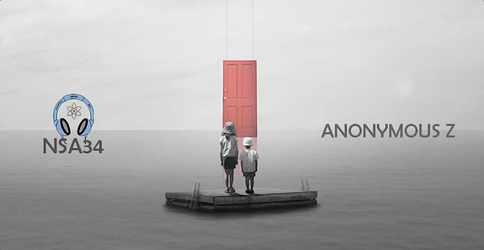 French DJ and producer Anonymous Zs' Not So Anonymous cover picture featuring ours and his logo on a background featuring two children stranded on a hand-made raft in the ocean with a red door in front of them, color image.
