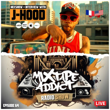 In the upper part of the picture, American rapper J Hood is wearing a baseball cap and a basketball shirt; he is looking at the camera and standing in front of a parked car. The lower part of the picture features DJ King Flows, along with the Mixtape Addict and sponsor logos, all set against a torn paper effect; the image is in colour.