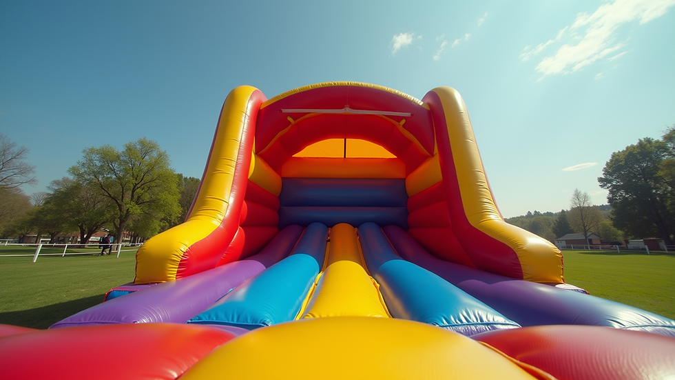 Wide angle view of a colorful inflatable bounce house