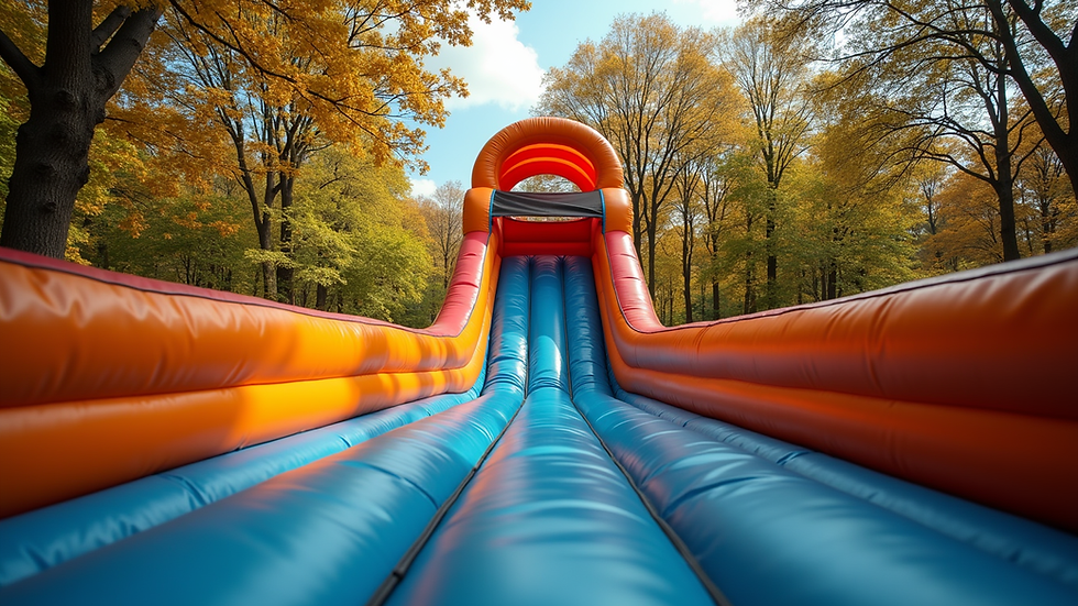High angle view of inflatable bounce house with slide in a park