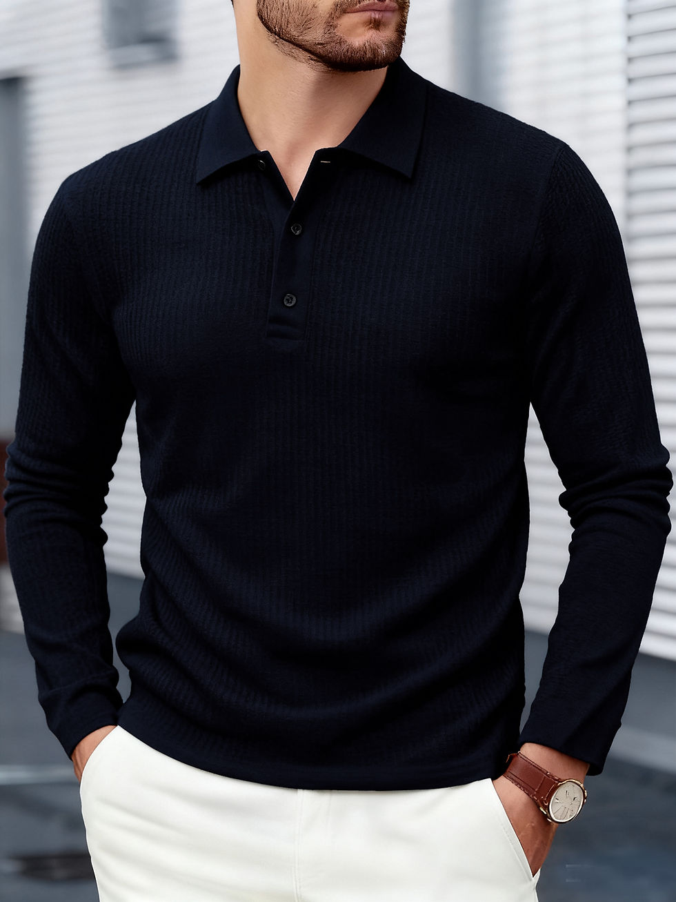 Thumbnail: Long Sleeve Waffle Knit Polo Shirt