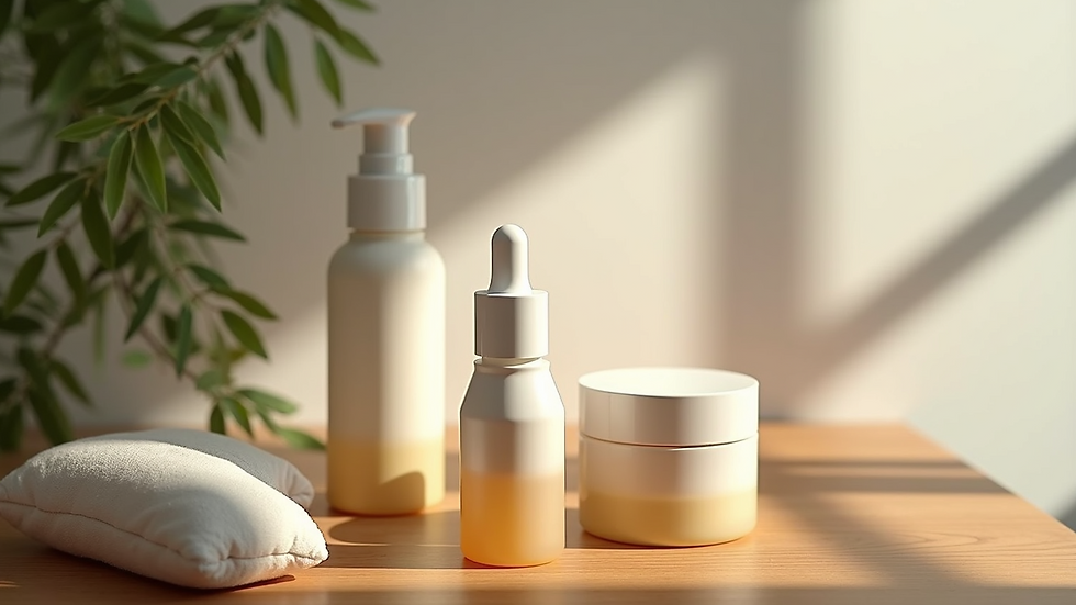 High angle view of skincare products arranged on a wooden table