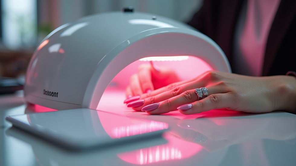 Eye-level view of a nail salon workstation with gel curing lamp