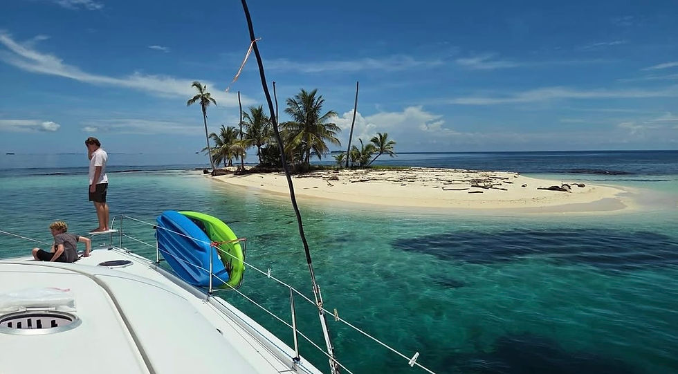 San Blas Islands, Panama on August 17, 2025 — sunny Caribbean day with calm waters, showing hurricane-free sailing paradise while Hurricane Erin affects the BVI.