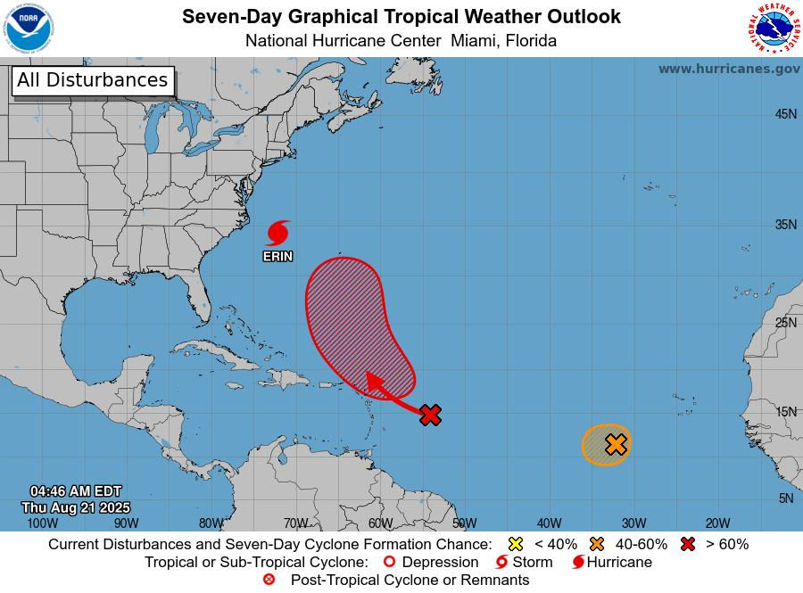 NOAA's Atlantic 7-Day Graphical Tropical Weather Outlook as of August 21, 2025, displaying Hurricane Erin and two additional systems in the Caribbean, indicating increased storm activity.