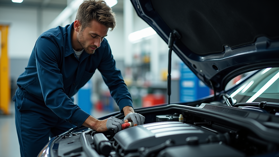 High angle view of a professional detailer cleaning a car engine bay