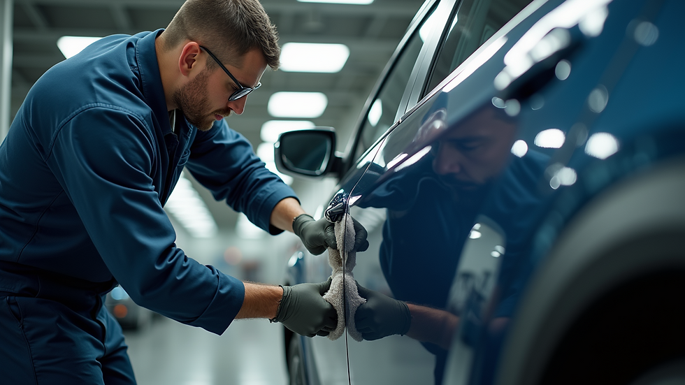 Eye-level view of a professional detailer polishing a car door