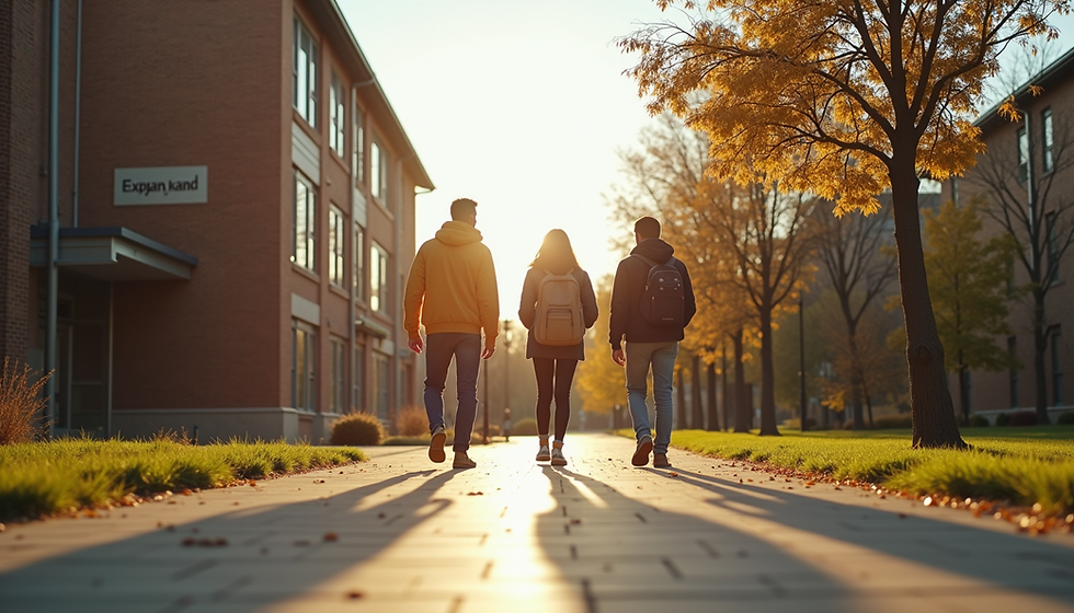 Students walk through the college campus, framed by golden autumn trees and warm sunlight.