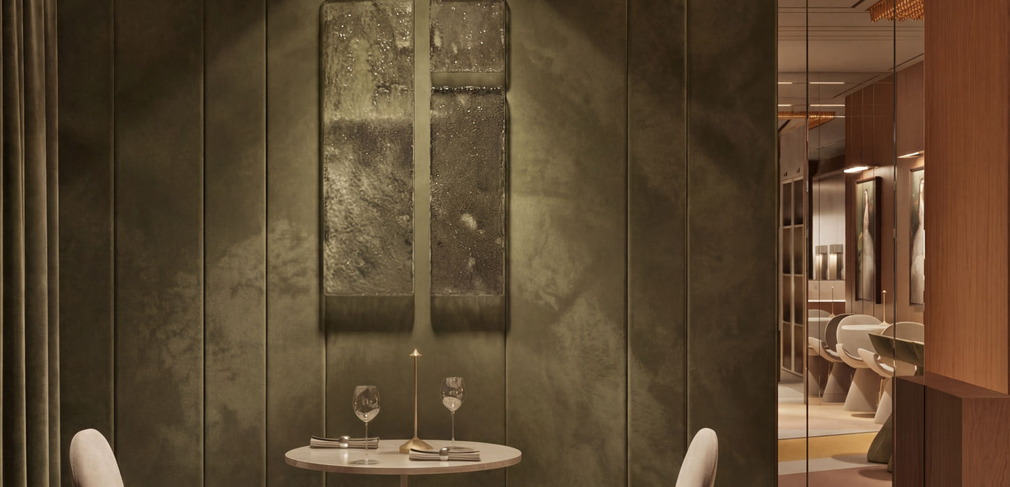 Restaurant / Bar de sampanie. Amenajare interioara / design interior bar, tapet catifea, scaune tapitate, arte venezia