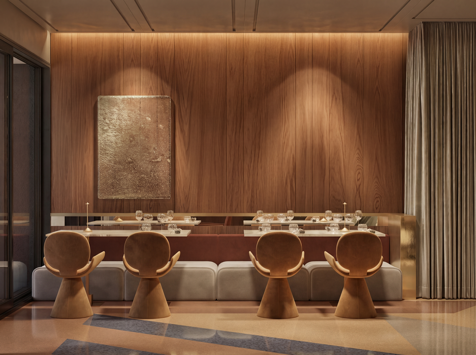Restaurant / Bar de sampanie. Amenajare interioara / design interior bar, scaune tapitate, arte venezia, placare lemn nuc perete, draperii catifea