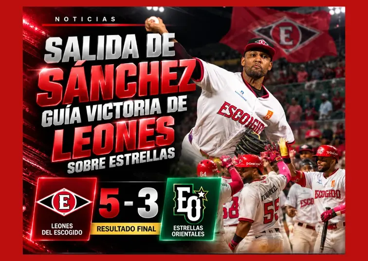 Jugadores de los Leones del Escogido celebran la victoria 5-3 sobre las Estrellas Orientales, con destacada salida de Ángel Sánchez y jonrón de José Marmolejos en LIDOM 2026-27.