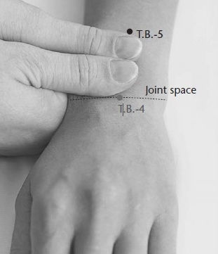 photo of the back of a hand and forearm. Another person's thumbs are placed side by side perpendicular to the arm, measuring two fingers' width from the wrist bone to the point TB5.