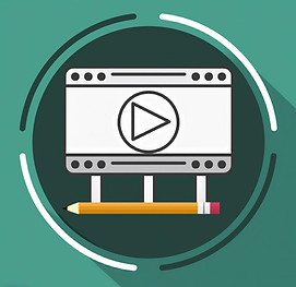Weiß-schwarzes Icon auf grünem Hintergrund, dass ein Video darstellen soll. Ein zusätzlicher darunterliegender Bleistift symbolisiert die individuelle Erstellung des Videos.