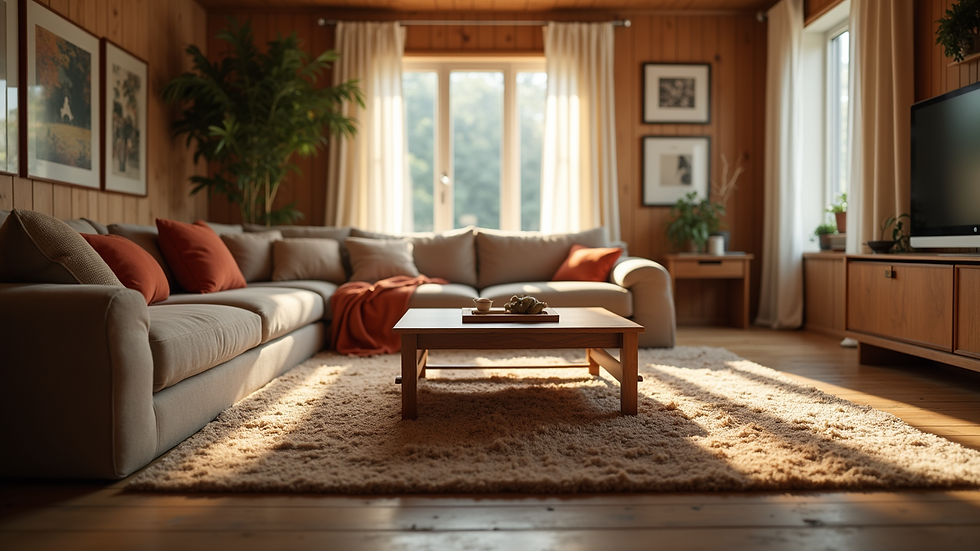 Eye-level view of a cozy living room with layered textures and warm colors