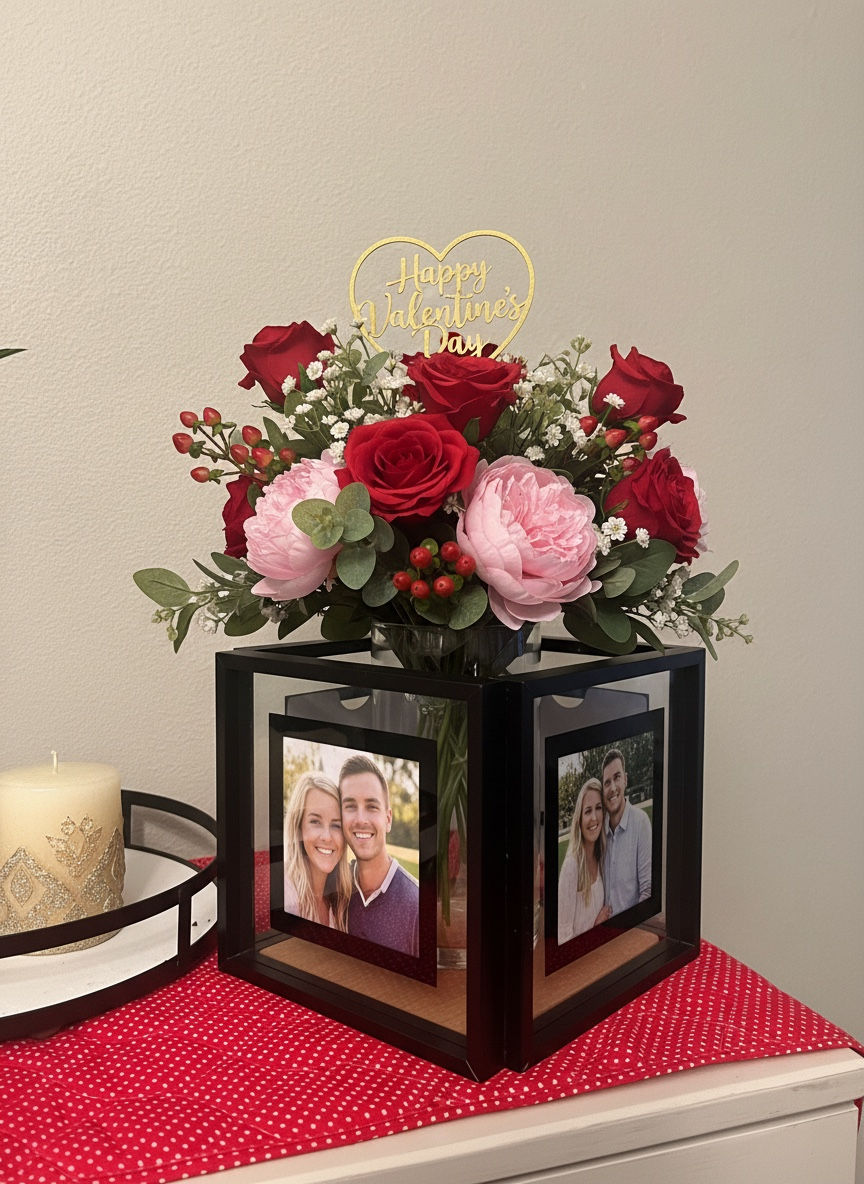 Photo Cube with Valentine's Flowers