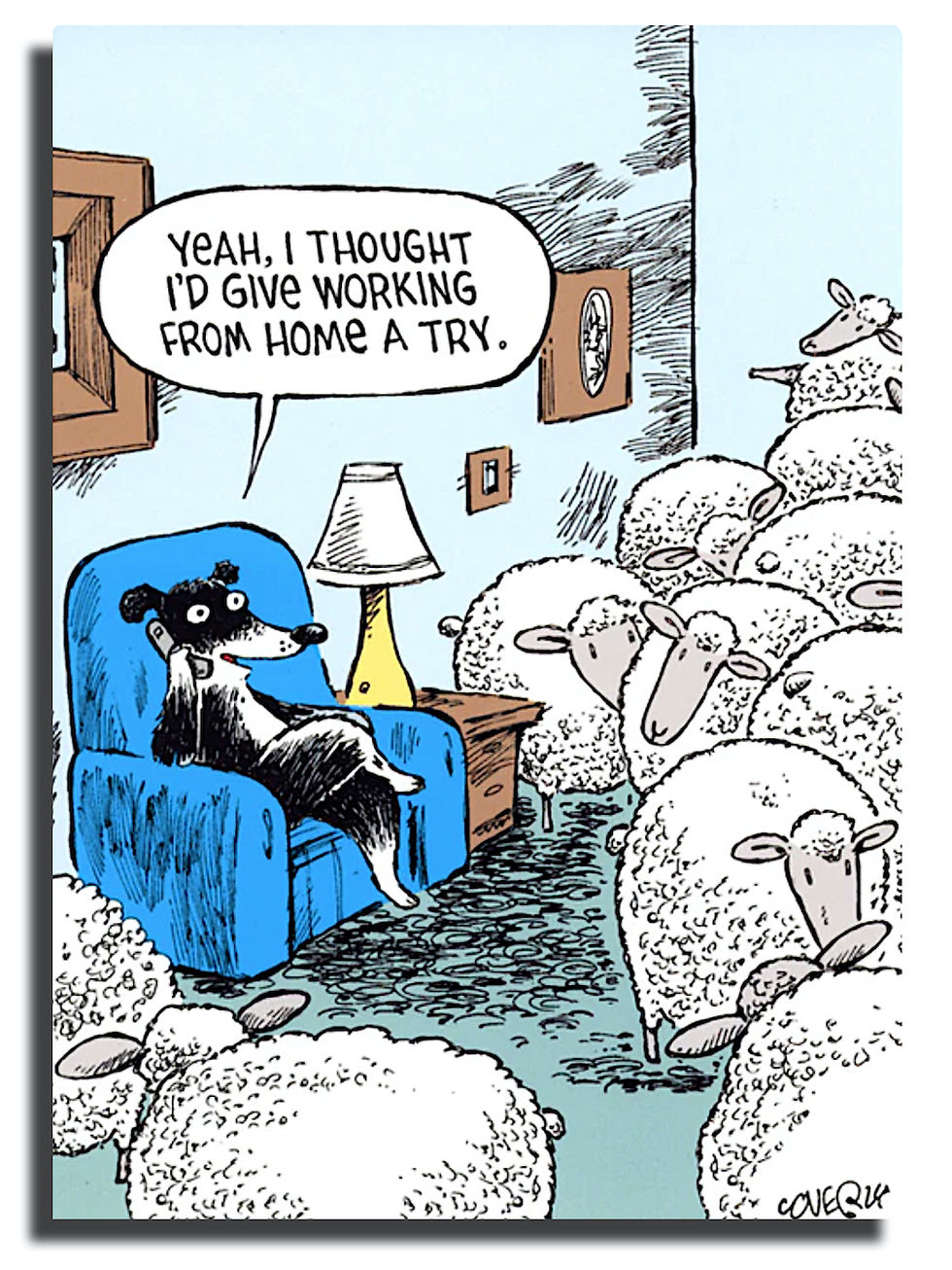 A cartoon cat sitting on a sofa talking on the phone surrounded by a flock of sheep.