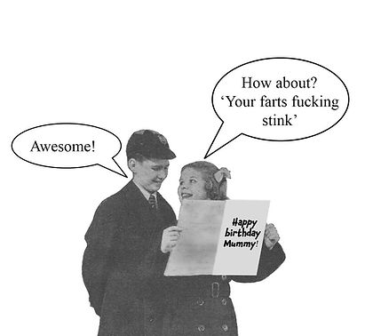 School children writing a birthday card for mum. Vintage black and white photograph of a boy and a girl in school uniform.