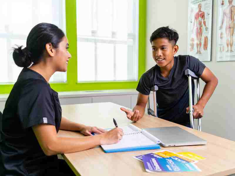 Welcoming first consultation between Filipino physical therapist and person with disability at Activait clinic