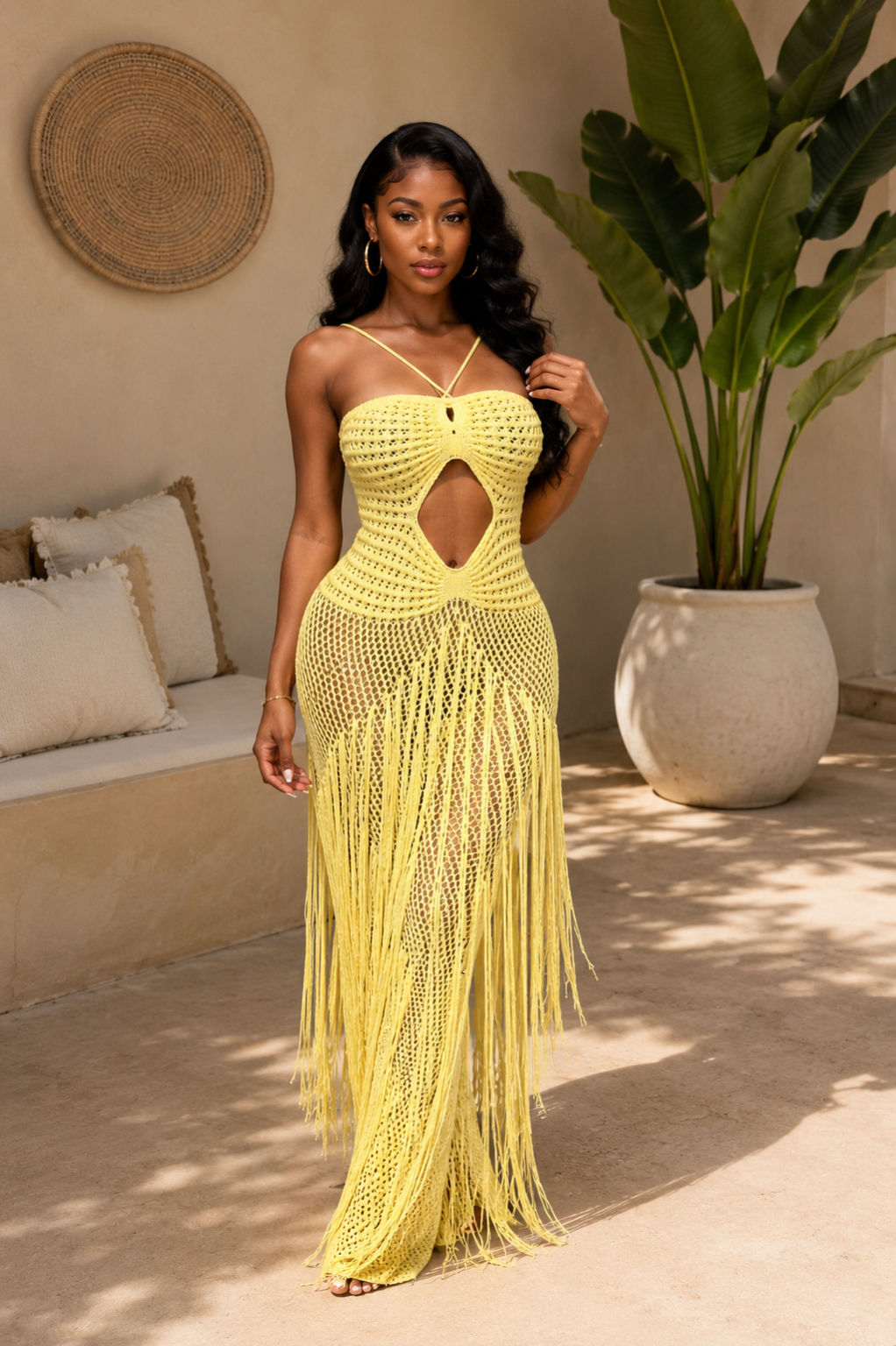 Sunlit Fringe Crochet Maxi Dress