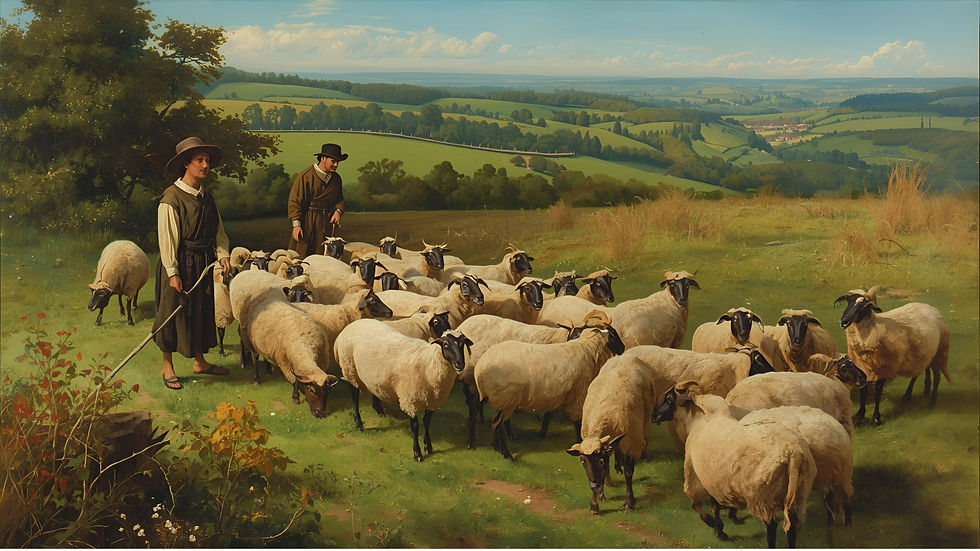 shepherds with a flock of sheep in 16th century England landscape