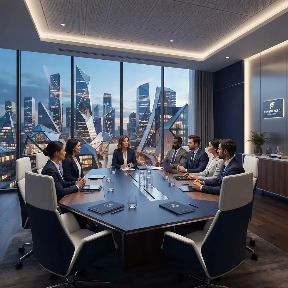 Digital illustration of a business team meeting in a modern boardroom. A panoramic city skyline view at dusk sets a professional and sophisticated mood.