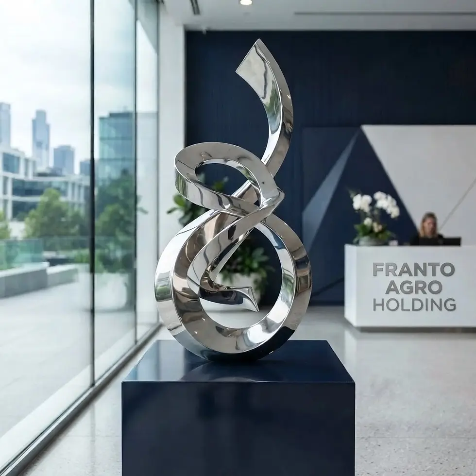 Interior photography of a polished abstract metal sculpture in a modern office lobby with city views and a reception desk.