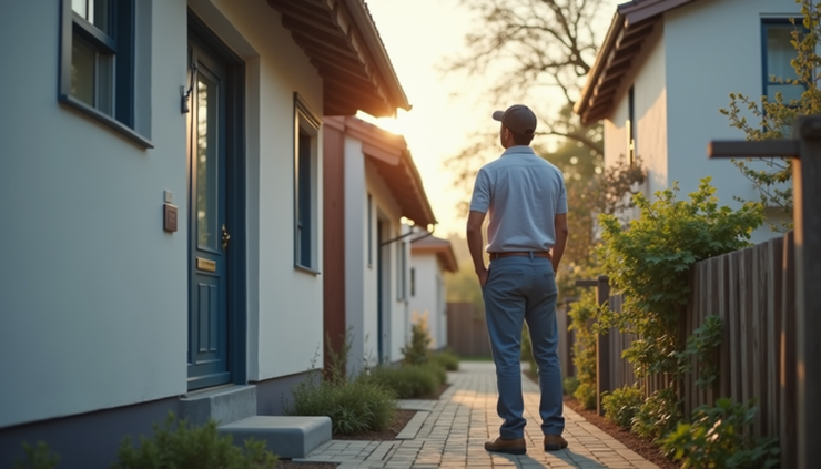 Eye-level view of a landlord inspecting a residential property exterior