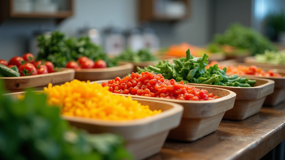 Eye-level view of a colorful meal prep station with fresh vegetables and containers
