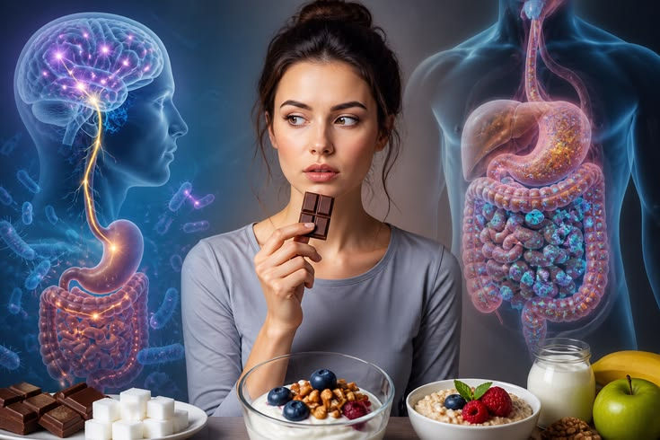 Ilustração científica sobre cérebro, intestino, metabolismo, fome e comportamento alimentar