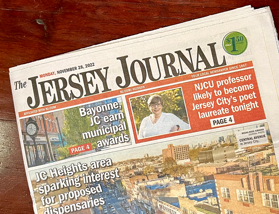 Photograph of the cover of The Jersey Journal from November 28, 2022 with photo of Ann Wallace and headline "NJCU professor likely to become Jersey City's poet laureate tonight" in the upper right corner