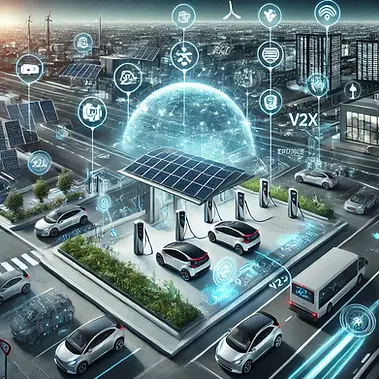 DALL·E 2024-11-22 19.51.22 - A futuristic scene illustrating electric vehicles (EVs) interacting with their environment through vehicle-to-everything (V2X) communication. The imag.webp