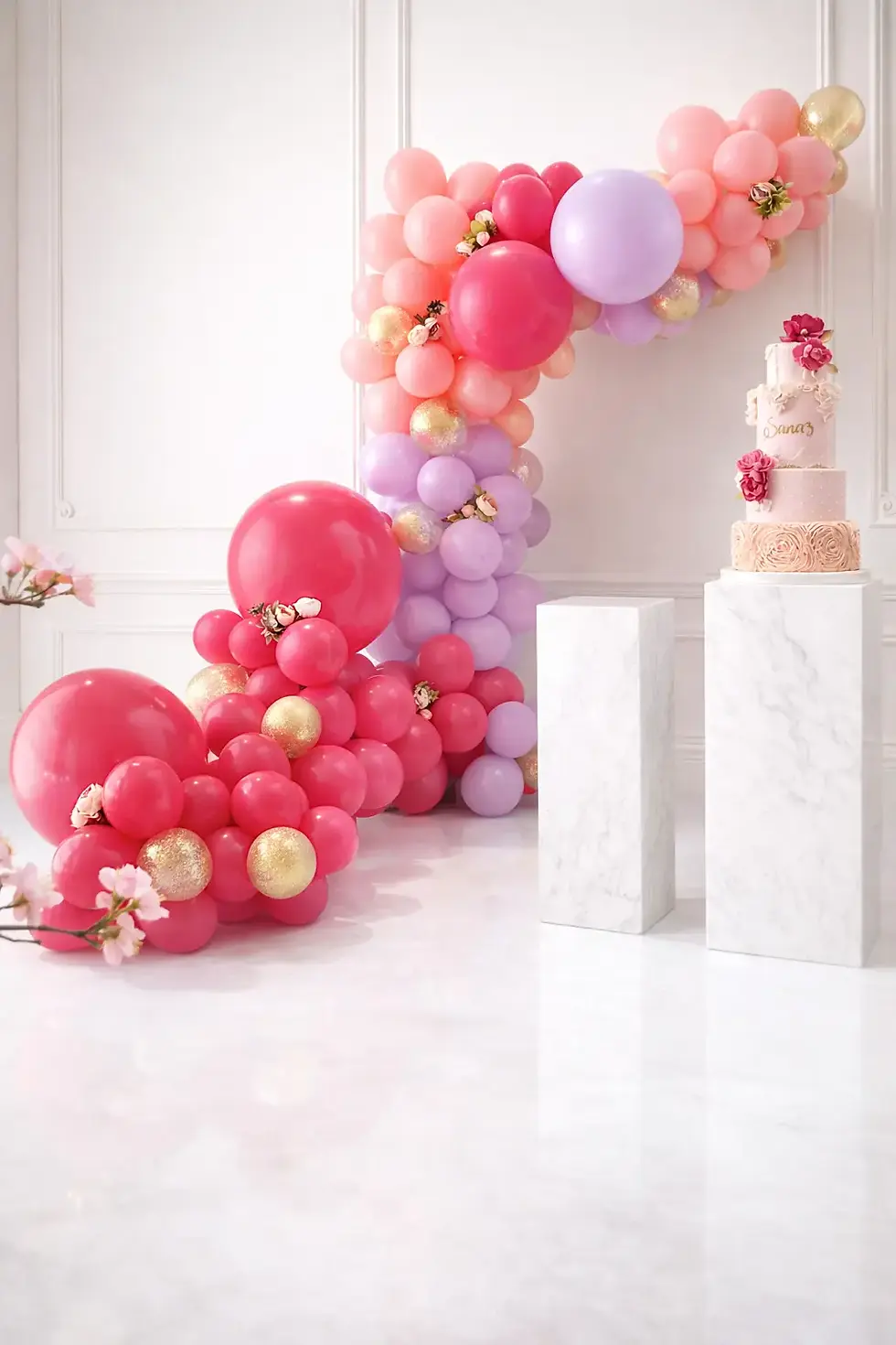 Balloon garland hot pink, purple and gold for birthday party in Edmonton