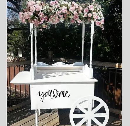 Bridal shower decor in Edmonton with balloon garland and floral sweet cart