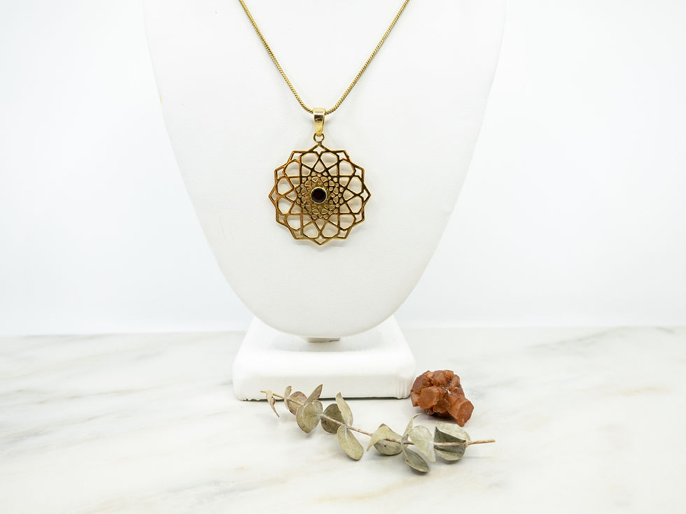 Thumbnail: GARNET GEOMETRIC NECKLACE | Brass Necklace | Geometric Necklace