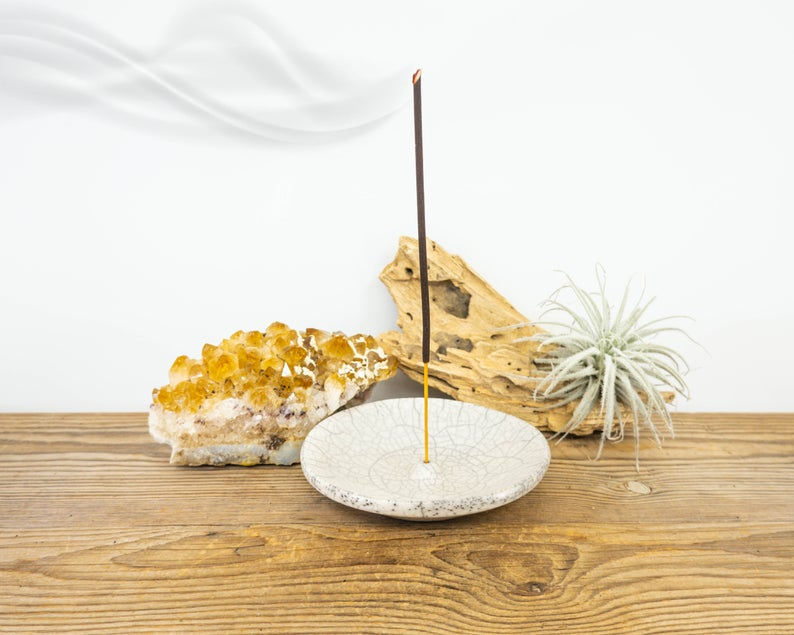 Thumbnail: WHITE CRACKLE Stick Incense Holder | Raku Pottery Incense Holder