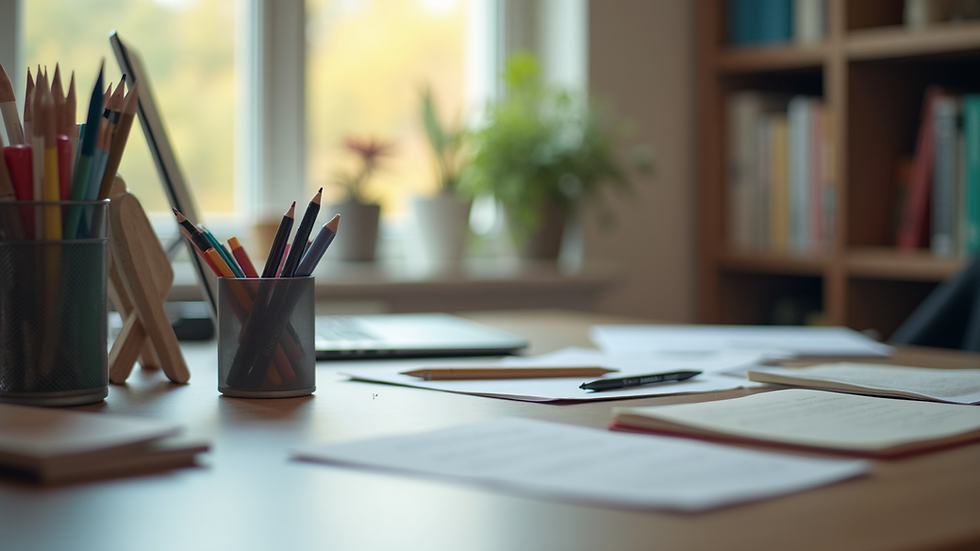 Close-up view of a tidy office desk with organized supplies