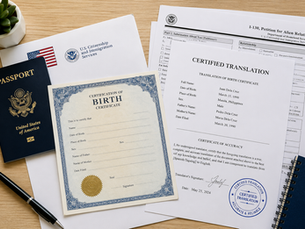 Passport, birth certificate, and certified translation documents prepared for immigration and USCIS applications