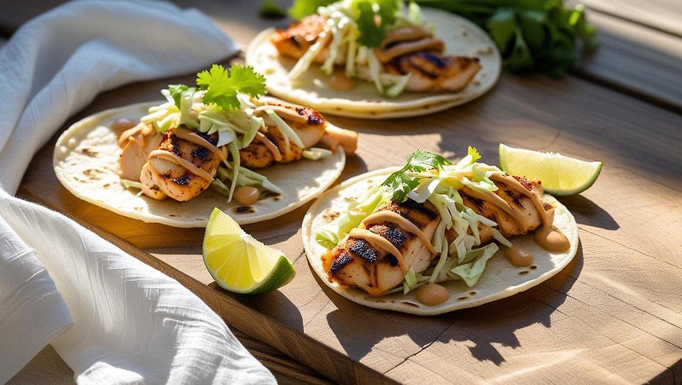 “Three small street tacos on soft corn tortillas, filled with grilled lime-marinated chicken, shredded cabbage slaw, and a drizzle of creamy chipotle sauce. Garnished with cilantro and a lime wedge on the side.