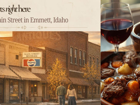 Couple walking on Main Street, Emmett, Idaho, past a vintage shop with a Pepsi sign. Cozy scene with wine and hearty stew. Text: "It starts right here."