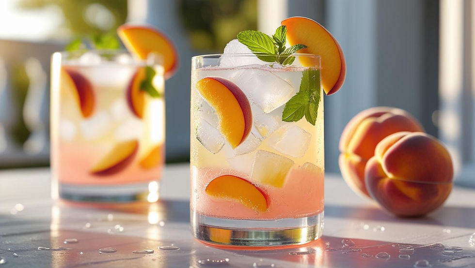 A sparkling summer cocktail in a clear glass, filled with ice, pale golden wine, and bubbly seltzer, garnished with a fresh peach slice and mint sprig. Sunlight glows through the drink, casting soft shadows on a rustic wood table—evoking lazy evenings and front porch vibes.