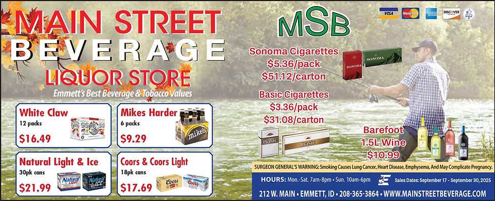 A promotional flyer for Main Street Beverage featuring September 17–30 deals. The layout highlights popular beverages with prices: White Claw 12-packs for $16.49, Natural Light & Ice 30-pack cans for $21.99, Coors & Coors Light 18-pack cans for $17.69, Barefoot 1.5L wine for $10.99, and Mike’s Harder 6-packs for $9.29. Cigarette brands and cartons are also listed, grouped under “so much more in-store.” The design is simple, emphasizing product names, pack sizes, and bold sale prices.