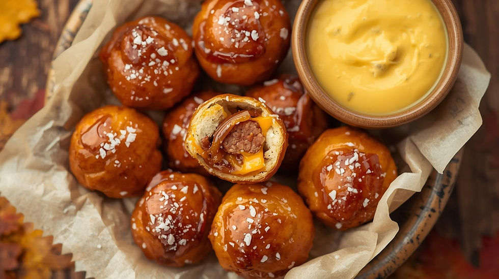 Golden-brown pretzel bites sprinkled with coarse salt, some broken open to reveal melted cheddar, savory sausage, and caramelized onion inside. Served on parchment paper with a small bowl of creamy mustard dipping sauce, styled in a rustic, autumn setting.