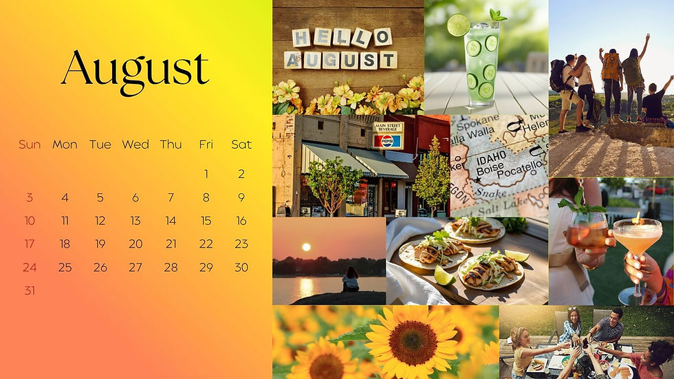 August calendar collage with vibrant images: people hiking, drinks, sunflowers, tacos, sunset, and a map. Warm, cheerful summer vibe.