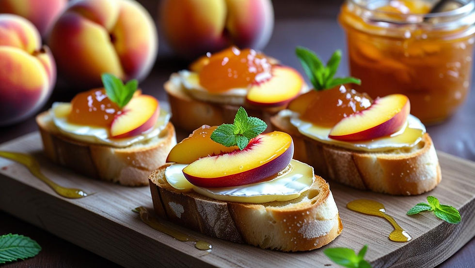 Golden toasted baguette slices topped with creamy Brie and juicy peach slices, lightly drizzled with wine or honey. Garnished with fresh herbs or crushed pistachios, the crostini rest on a wooden board or ceramic plate, styled for an elegant yet relaxed summer gathering.